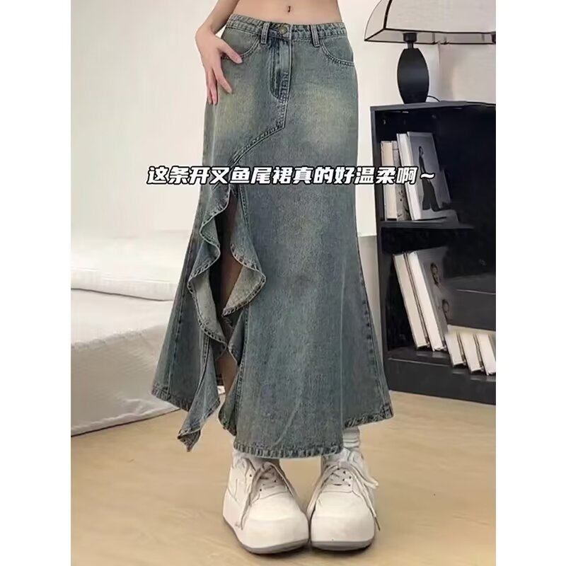 开叉裙包臀半身裙牛仔高腰波浪