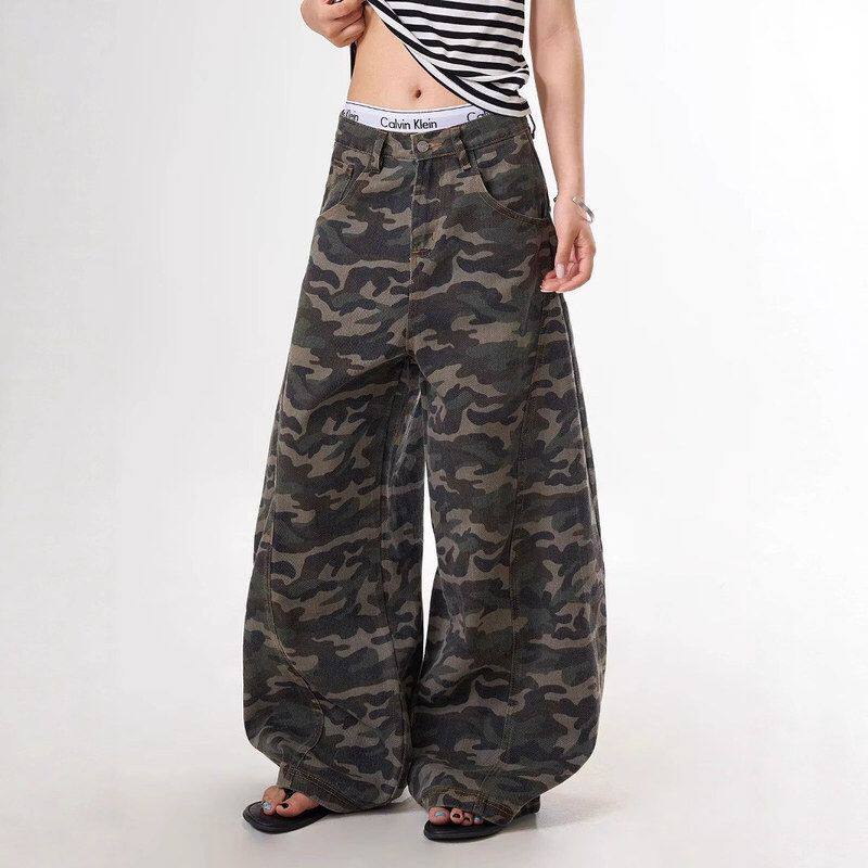 阔腿高街显瘦宽松牛仔迷彩裤休闲2026男女新款高腰工装美式直筒裤