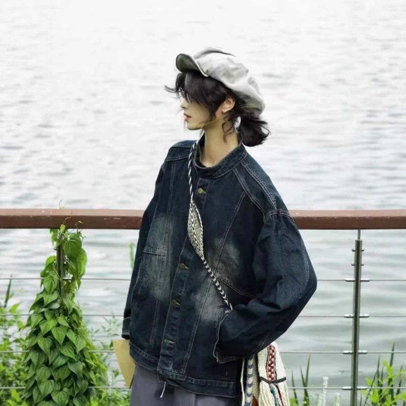 复古立领水洗解构廓形立体男女外套短款夹克牛仔拼接褂子工装垫肩