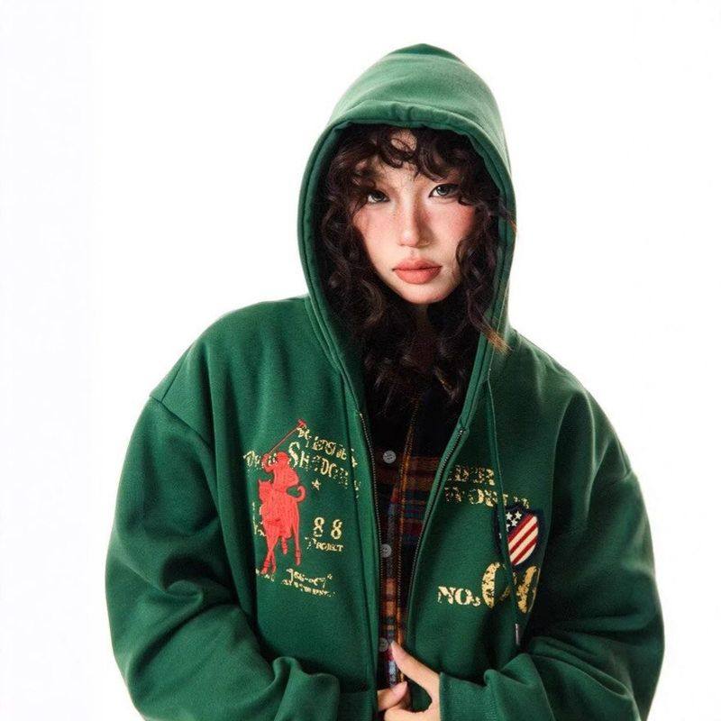 字母卫衣刺绣百搭男女春秋宽松休闲外套2025美式做旧连帽印花外贸