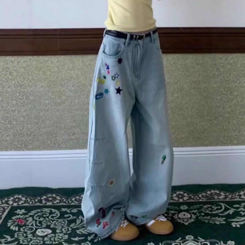 弯刀2025港风卡通男女印花牛仔裤阔腿裤宽松秋季新款大码长裤潮牌