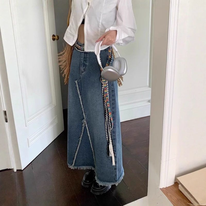 半身裙牛仔别致毛边夏季显瘦字