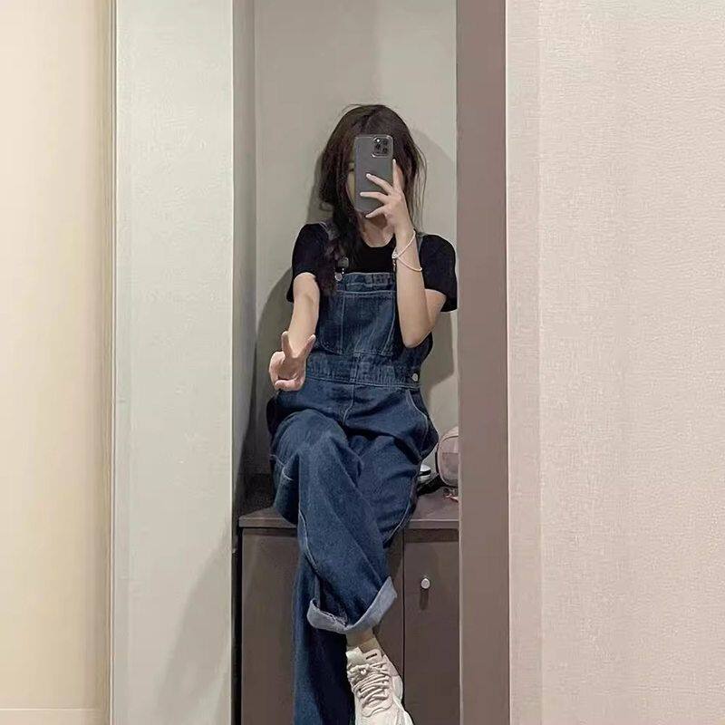 小个子牛仔高腰背带裤宽松韩版阔腿裤直筒夏季2025连体女减龄潮牌