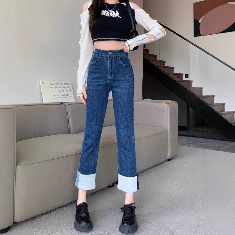 显瘦高腰九分翻边卷边牛仔裤遮肉2026烟管春秋女直筒裤年裤子新款