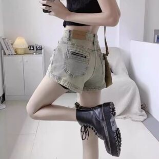 显瘦高腰女辣妹低腰新款 水洗a美式 字直筒热裤 牛仔短裤 2024 子夏季