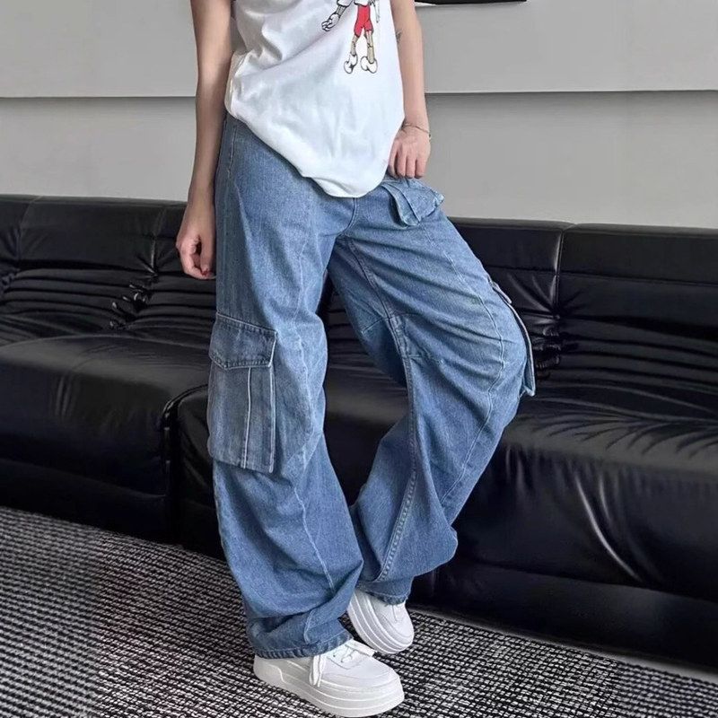 口袋男长弯刀水洗宽松阔腿工装裤