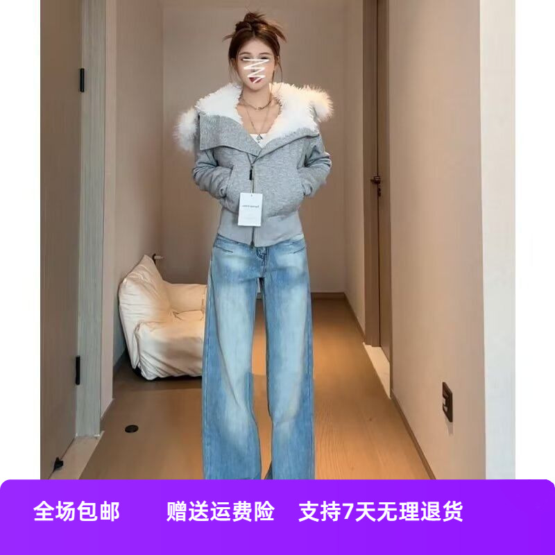 弯刀牛仔裤浅蓝色新款春季女子阔腿裤高腰2025直筒显腿长设计感