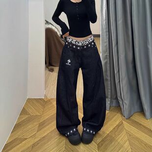 牛仔裤豹纹卷边春秋拼接黑色女美式显瘦直筒长裤宽松新款阔腿复古