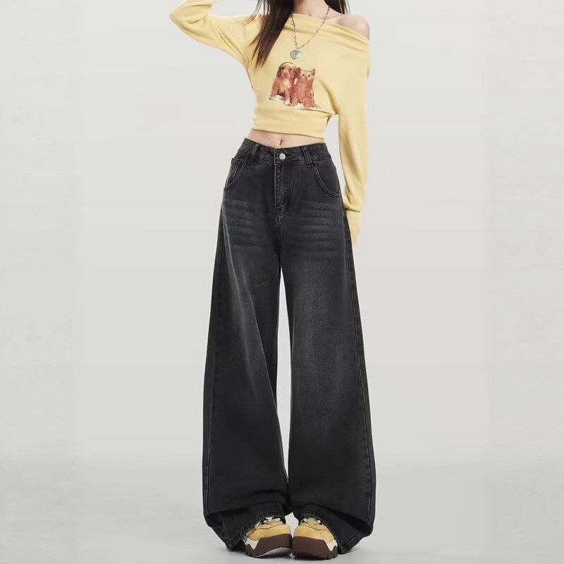 牛仔裤美式直筒加绒高街男女复古水洗宽松阔腿做旧2025黑色裤子潮