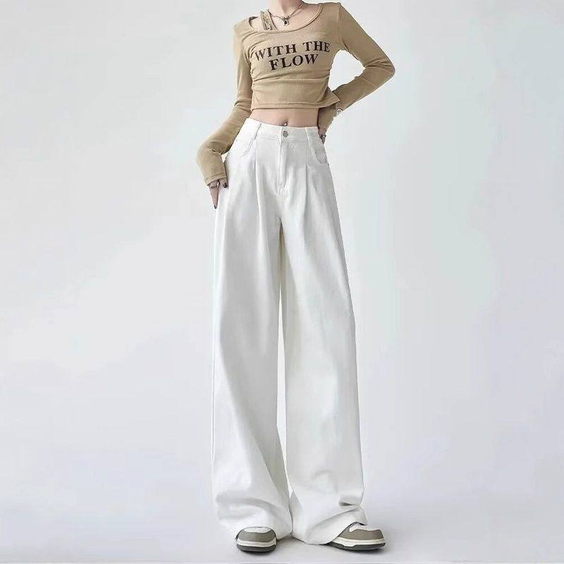 拖地裤加绒宽松高腰牛仔裤春秋阔腿垂感新款白色女2025高级感直筒