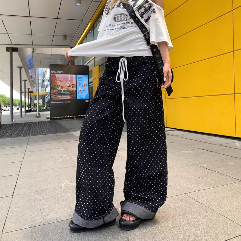 显瘦复古子潮波点长裤高腰美式