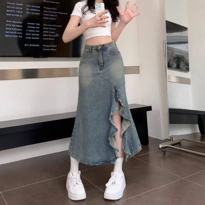 复古开叉不规则包臀小个子女蓝