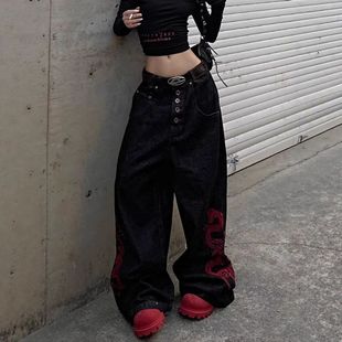 设计感复古男女格子阔腿重工高街亚文化美式拖地子裤子贴布牛仔裤