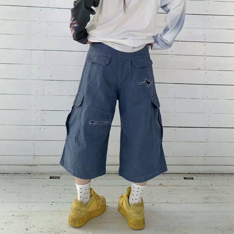 兜嘻哈多袋潮  卷边重磅大码水洗夏季阔腿牛仔裤男七分裤牛仔短裤