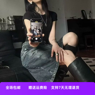 水洗日系时尚 简约原宿潮流做旧新款 中裙i文艺气质半身裙跨境牛仔