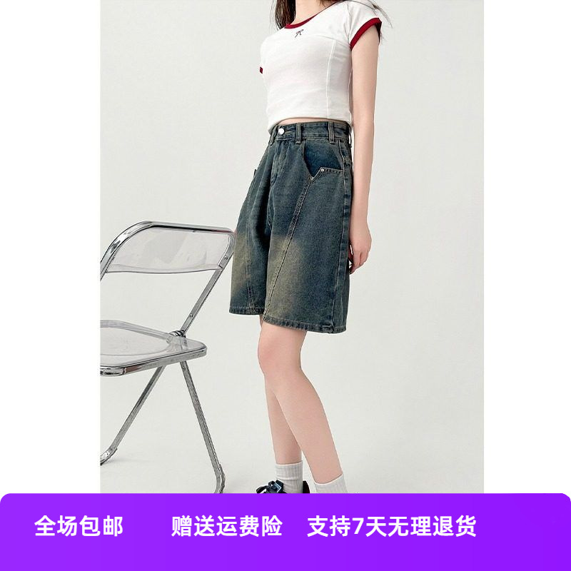 美式大码胖mm裤子牛仔短裤宽松复古直筒裤中2025女夏季五分裤微胖