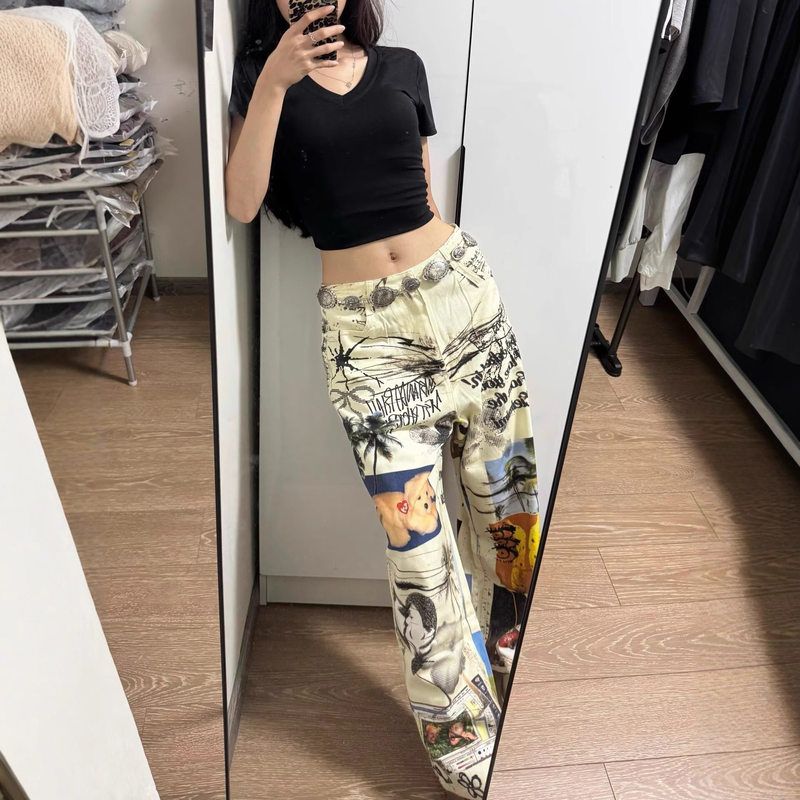 印花拖地跨境高街裤秋季美式新款牛仔卡通阔腿裤宽松小众涂鸦男女