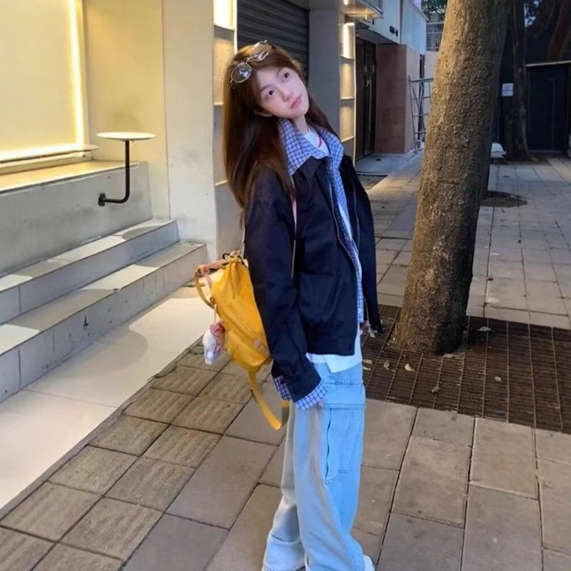 假两件外套夹克女早秋刺绣设计感翻领2025上衣撞色休闲宽松蓝白格