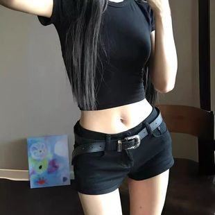 裤子亚文化热裤牛仔低腰轻黑色美式辣妹潮y2k弹力超短裤女夏包臀