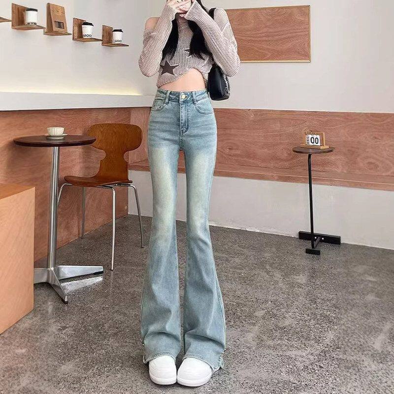 微喇开叉修身新款马蹄裤子2026女高腰喇叭牛仔裤浅蓝色小个子秋季