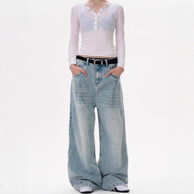 复古猫须阔腿宽松男女美式百搭潮流牛仔裤长裤拖地水洗蓝休闲直筒