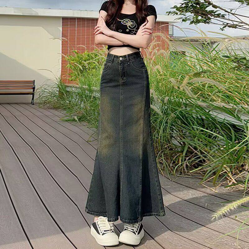 女包臀新款a裙半身裙修身牛仔秋季字复古裙美式中长鱼尾高腰显瘦