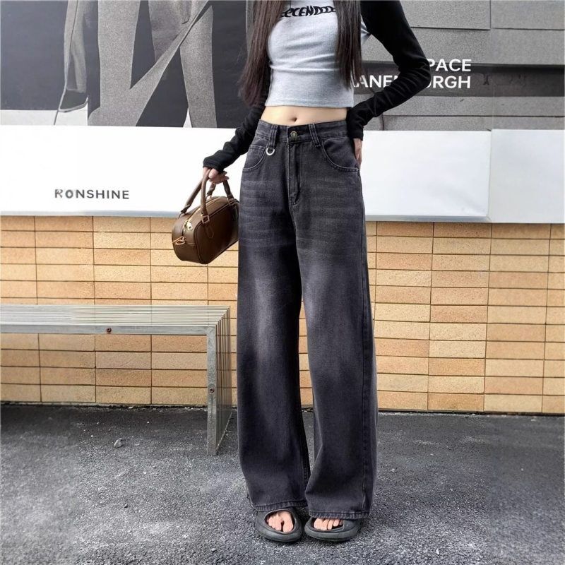 新款拖地高腰做旧宽松裤复古阔腿牛仔裤直筒裤裤子美式女秋冬季长