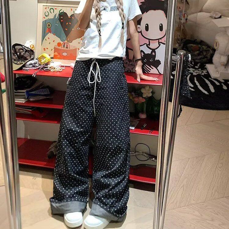 宽松感图案阔腿波点女性针织长款简约显瘦新款复古休闲裤裤夏季