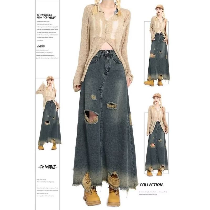 美式做旧显瘦牛仔字破洞字高腰