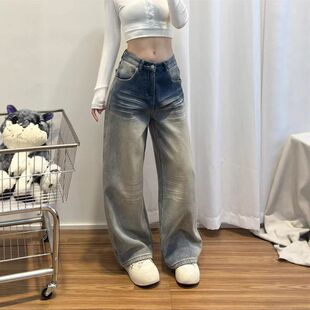 直筒美式宽松显瘦复古浅色拖地垂感水洗女2026新款阔腿牛仔裤裤子