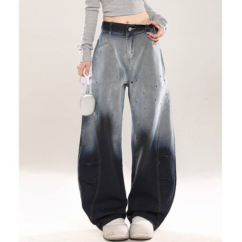 宽松美式渐变阔腿男女做旧潮流弯刀长裤烫钻直筒裤休闲牛仔裤高腰