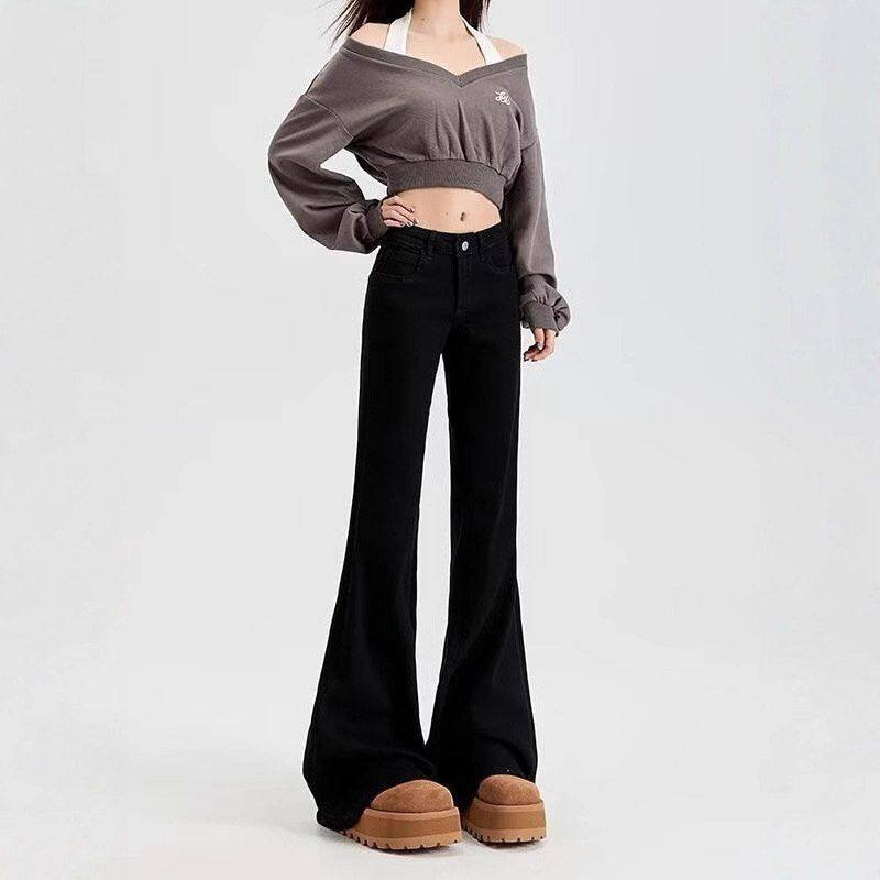 微喇牛仔裤秋季低腰不贴阔腿喇叭裤马蹄新款垂感腿宽松黑色女高弹