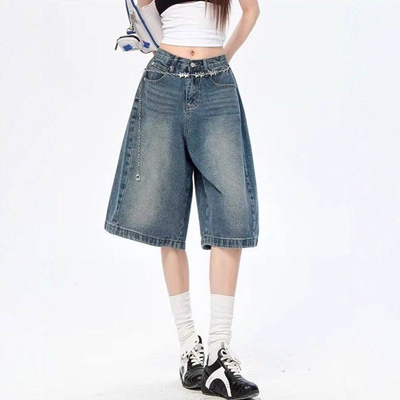 廓形做旧垂感夏季男女直筒裤五分裤牛仔短裤水洗复古宽松阔腿美式