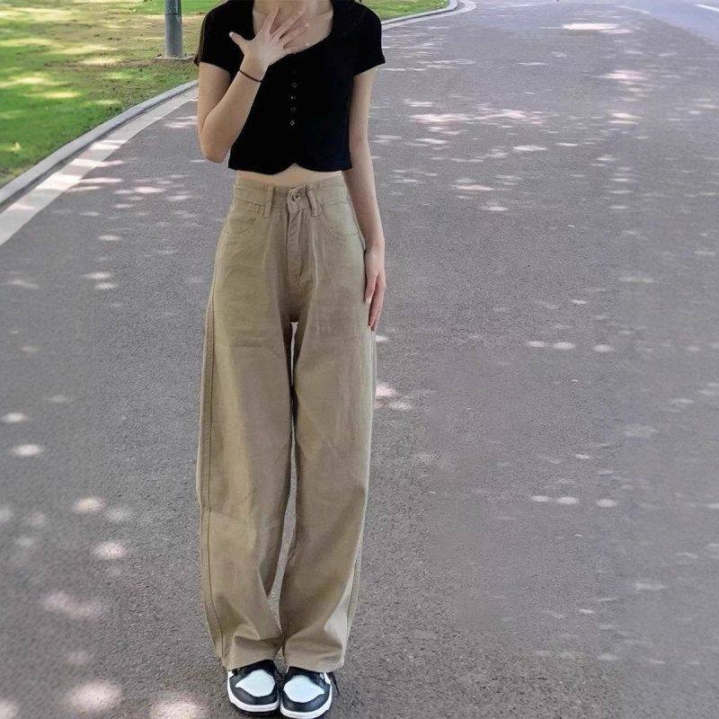 2025显瘦卡其色复古直筒高腰子潮百搭春秋牛仔裤女宽松阔腿休闲裤