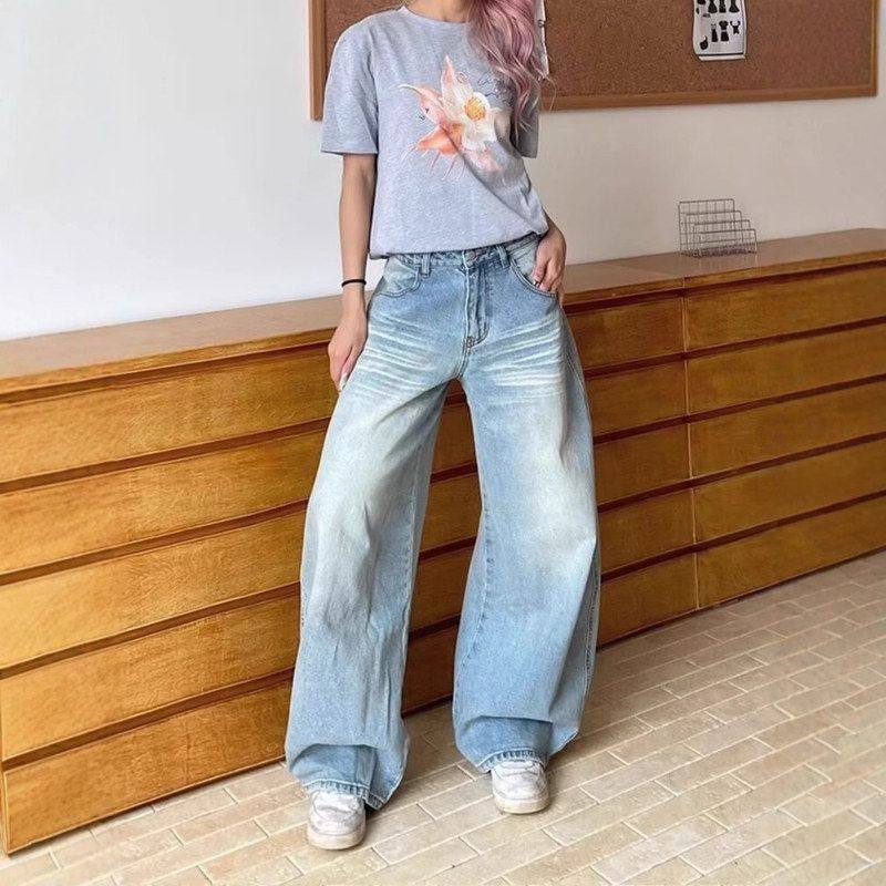 大码显瘦辣妹刺绣美式水洗复古弯刀长裤宽松直筒牛仔裤做旧女阔腿