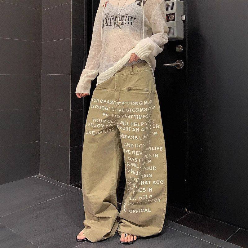 水洗外贸做旧直筒裤男女印花复古微喇子高街嘻哈潮美式字母牛仔裤