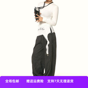 条纹垂感垂坠感女设计西装 休闲夏季 宽松辣妹美式 裤 拼接阔腿裤 长裤