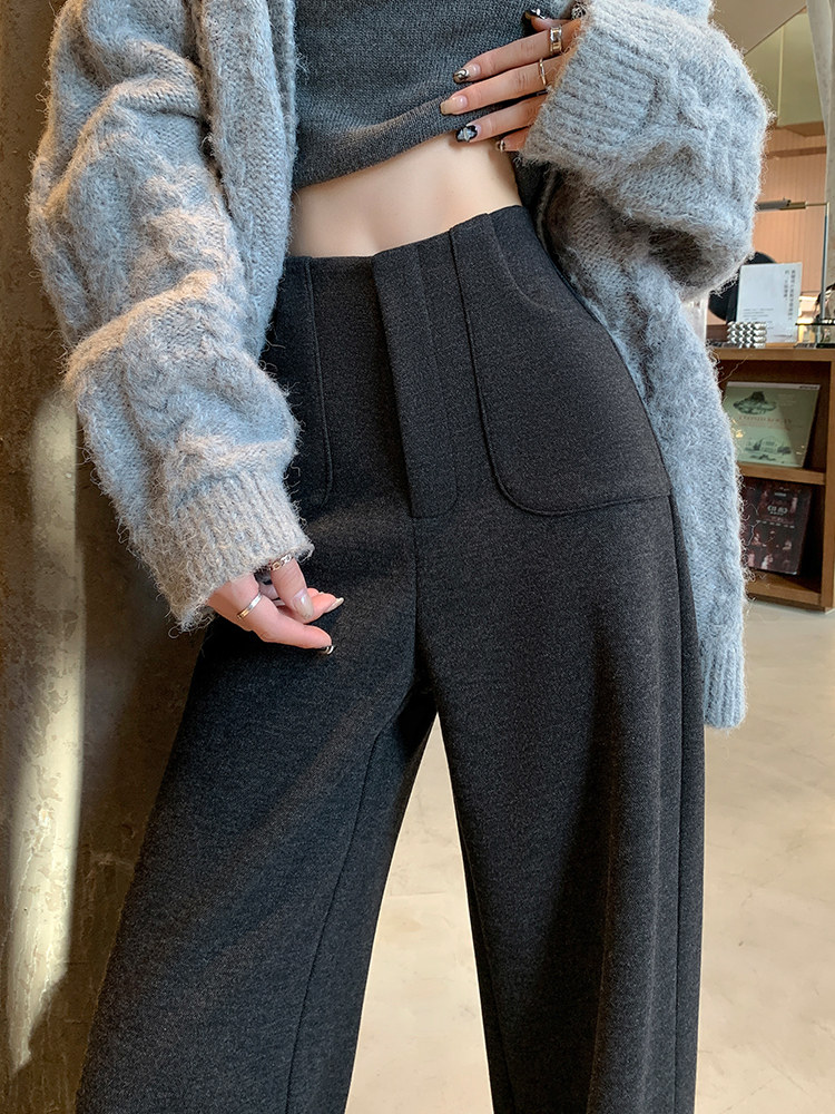 黑灰色窄版阔腿裤女秋冬加绒高级垂感羊毛呢西装裤高腰休闲直筒裤
