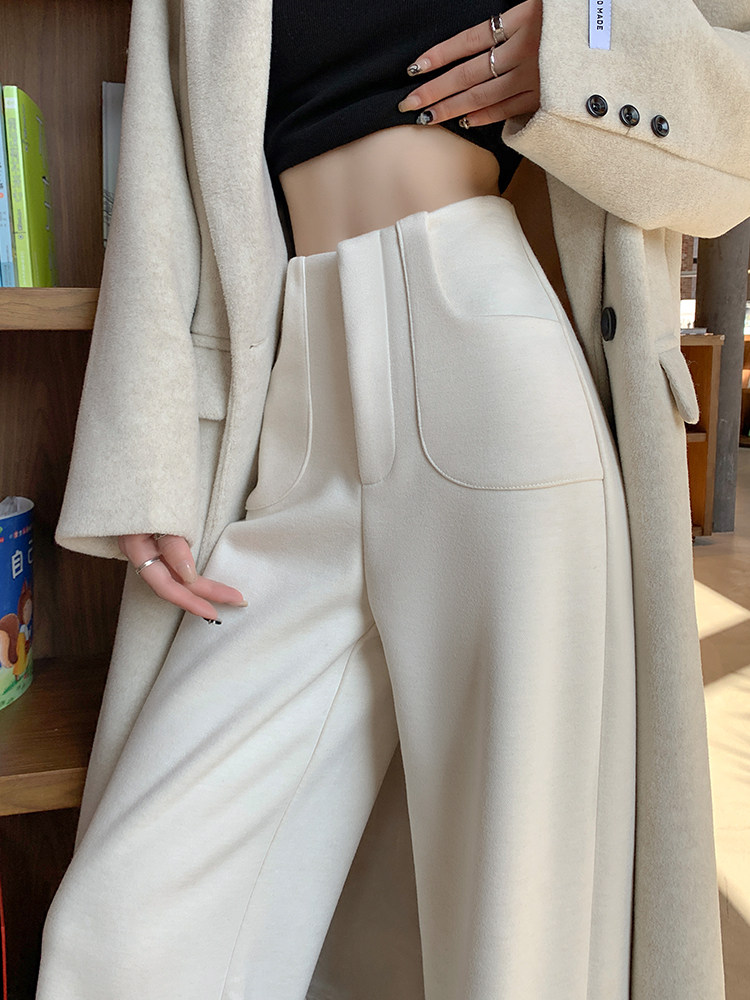 白色阔腿裤女秋冬加绒加厚2025新款高腰垂感羊毛呢直筒休闲西装裤