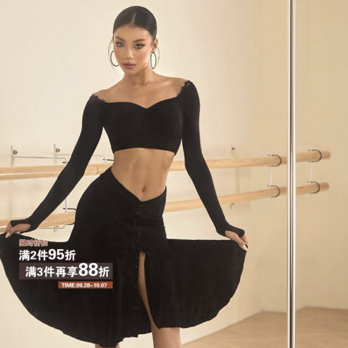 ZYM26063【蕾丝咏叹】上衣一字肩拉丁舞日常练功服胸前立体收褶