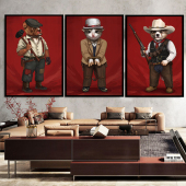 欧美风客厅猫咪趣味装 饰画宠物画西部牛仔猫狗肖像画创意玄关挂画