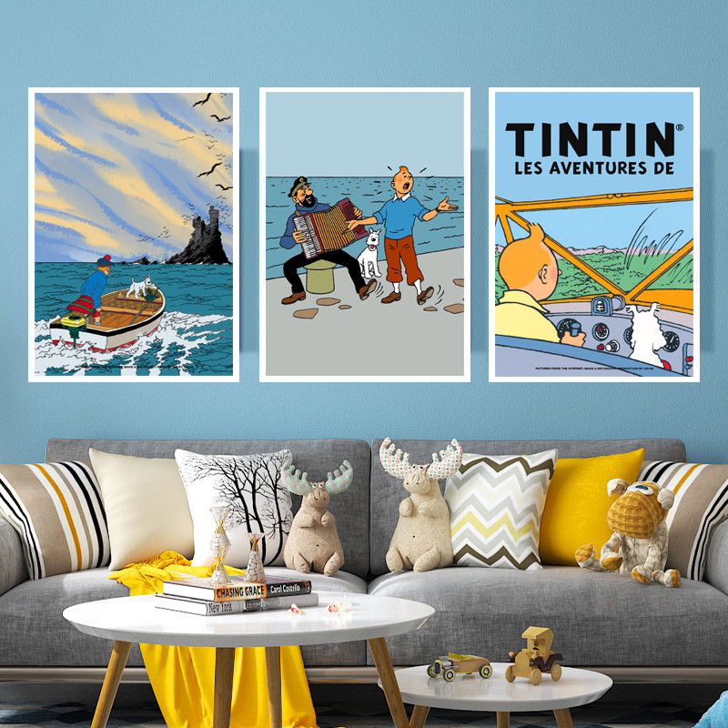 卡通动漫丁丁历险记装饰画儿童房办公室挂画背景墙画卧室客厅壁画