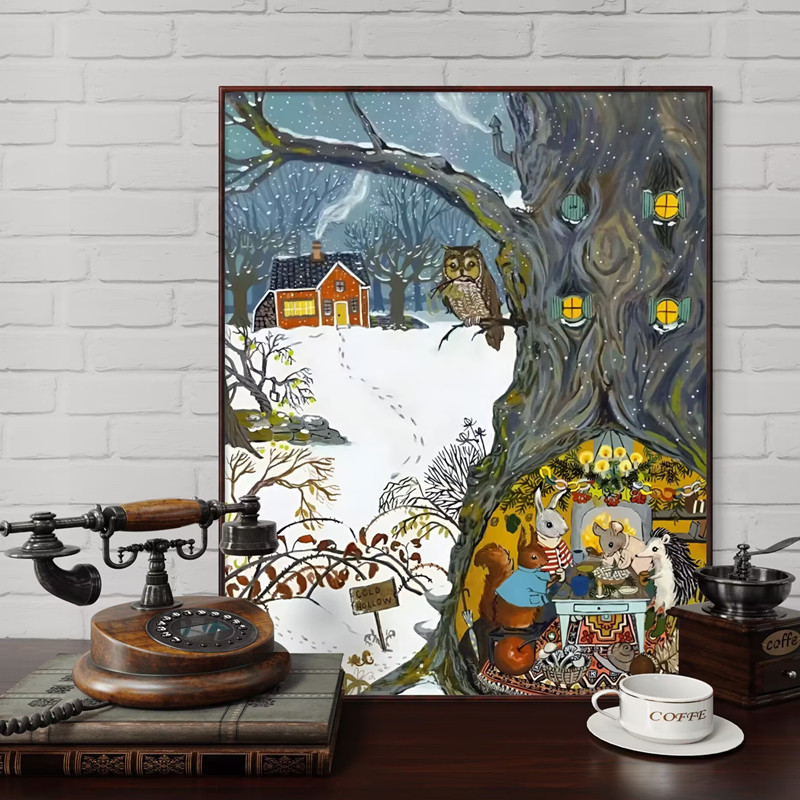 森林雪景小屋小动物聚会钻石画