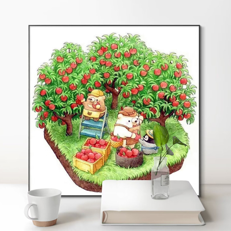 diy可爱卡通插画动物小白熊苹果树钻石画方钻满钻满绣印花十字绣