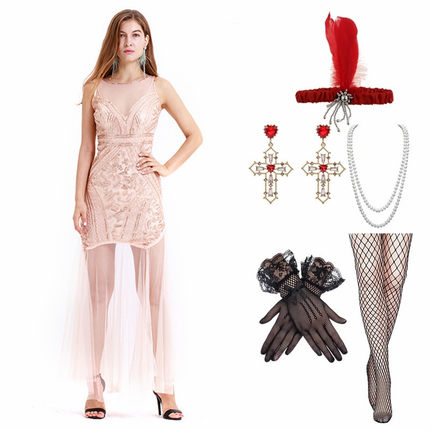 复古盖茨比礼服裙1920s长款亮片连衣裙 欧美爆款性感流苏晚礼服