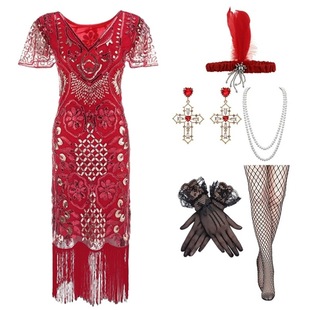 1920S复古亮片盖茨比舞会V领短袖 流苏连衣裙聚会晚礼服套装