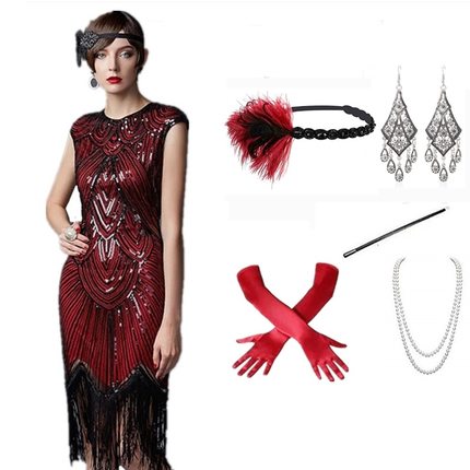 爆款1920s复古亮片流苏盖茨比晚礼服S-4XL大码V领连衣裙