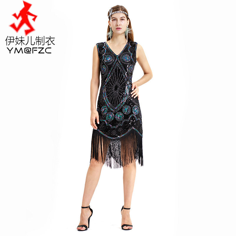 1920复古礼服 亚马逊爆款连衣裙手编亮片前后深V舞会表演晚礼服