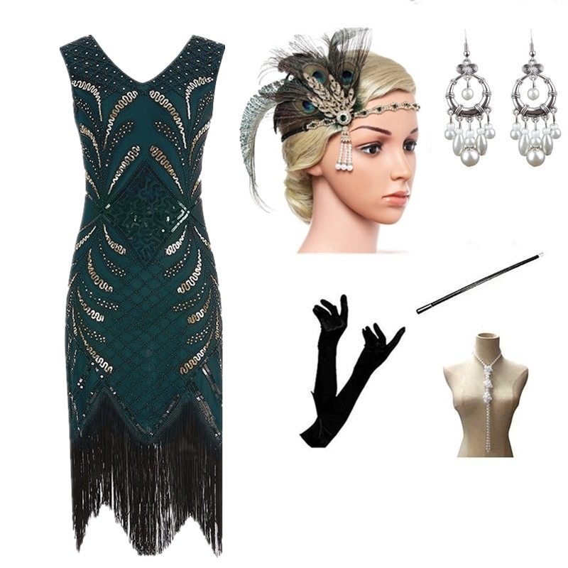 外贸爆款1920s复古礼服手工订珠亮片流苏晚礼服加大码连衣裙