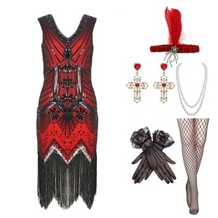 V领连衣裙套装 亚马逊爆款 1920s欧美复古派对盖茨比晚礼服流苏大码